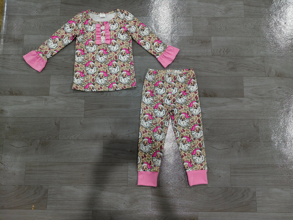 Long sleeves pink santa camo kids girls Christmas outfits