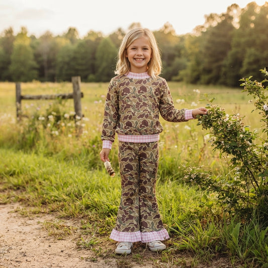 Pink plaid long sleeves camo top pants girls outfits