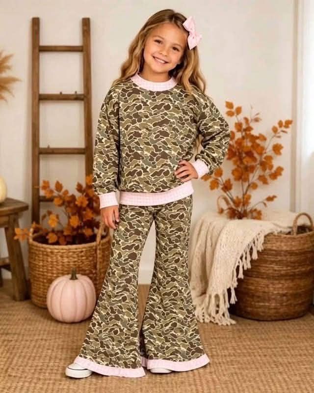 Pink plaid long sleeves camo top pants girls outfits