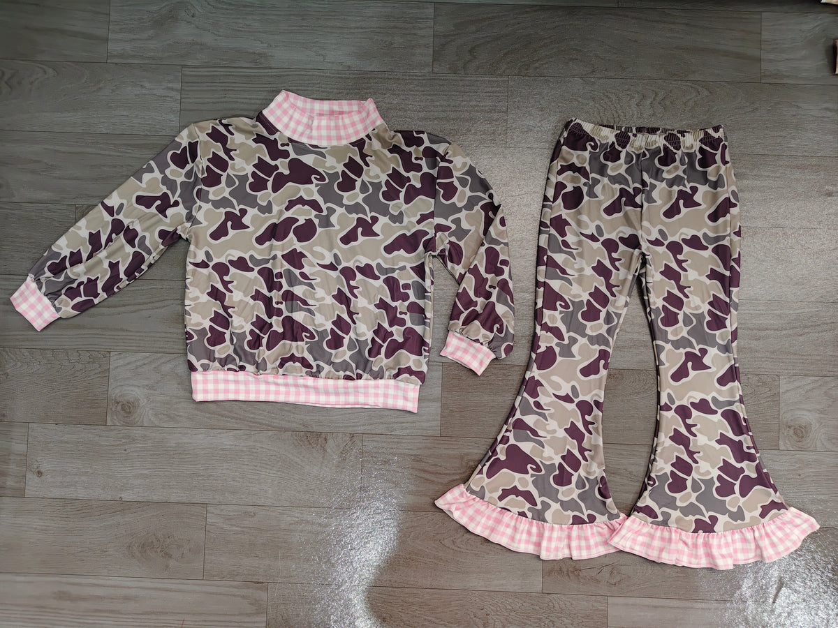 Pink plaid long sleeves camo top flare pants girls outfits