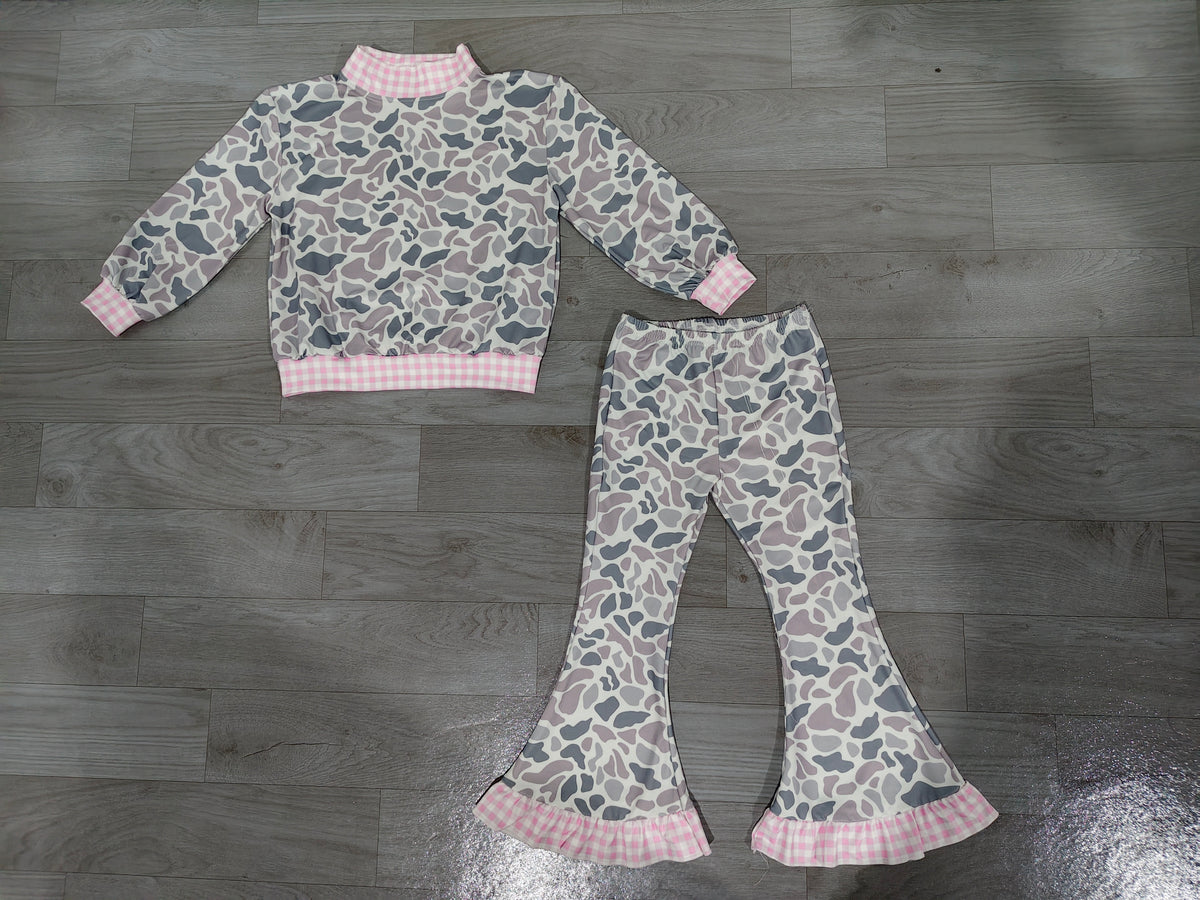 Pink plaid grey camo top flare pants girls outfits