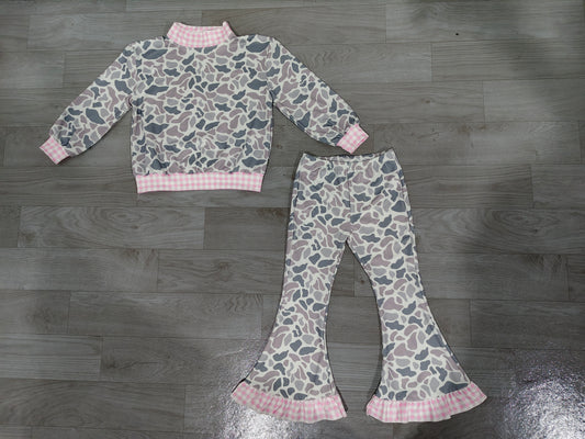 Pink plaid grey camo top flare pants girls outfits