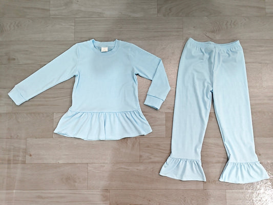 Long sleeves light blue peplum top ruffle pants girls outfits
