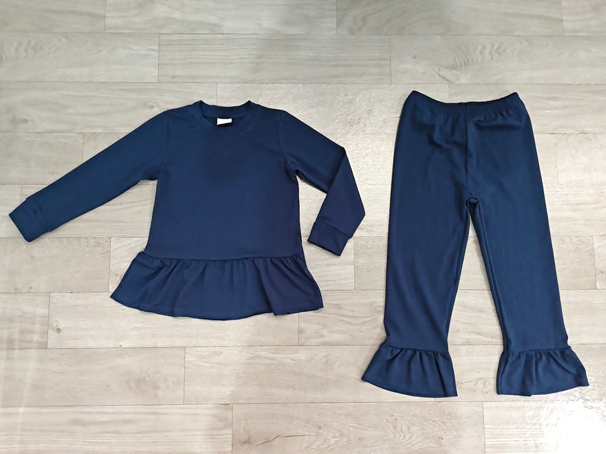Long sleeves navy peplum top ruffle pants girls outfits