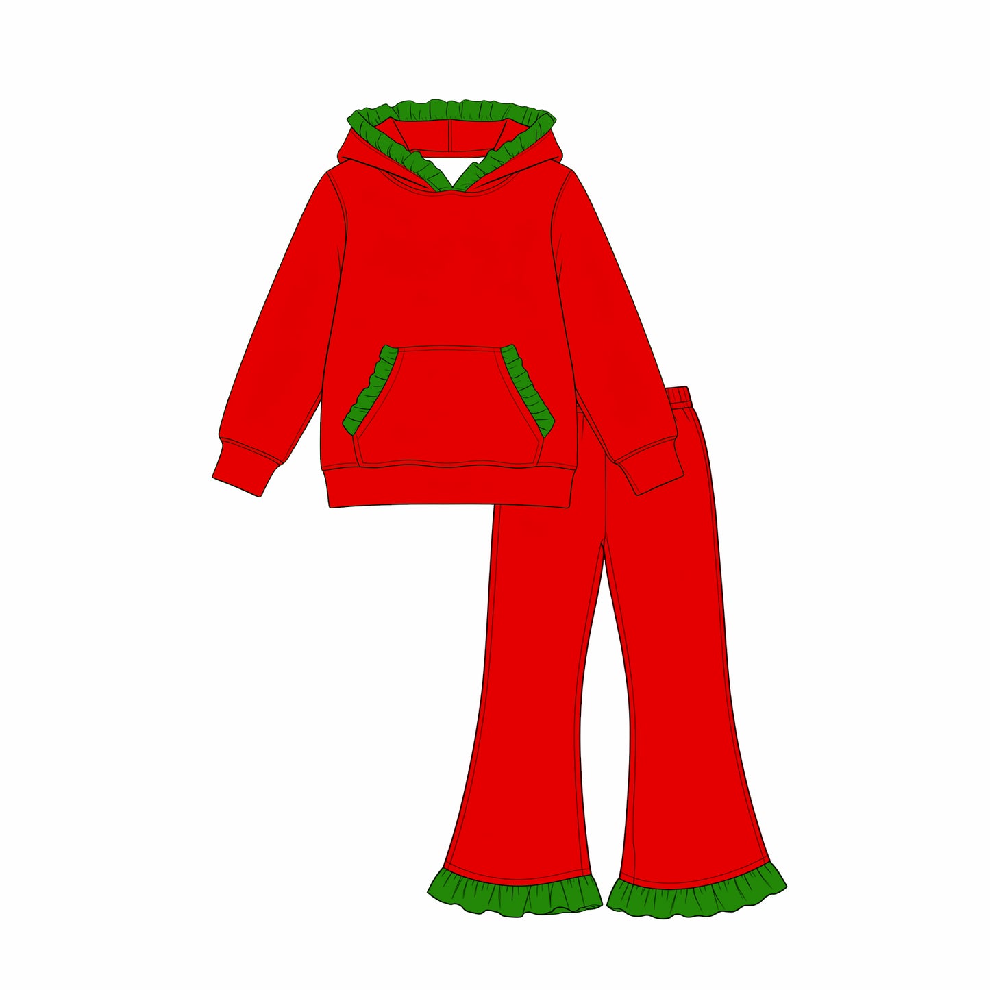 Green ruffle hoodie red pocket girls Christmas outfits