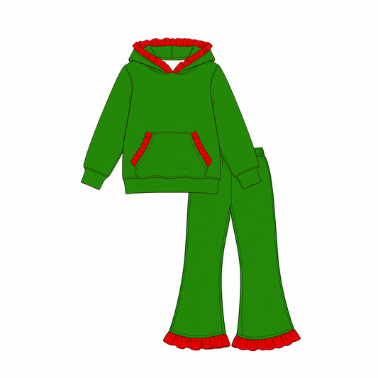 Red ruffle hoodie green pocket girls Christmas outfits