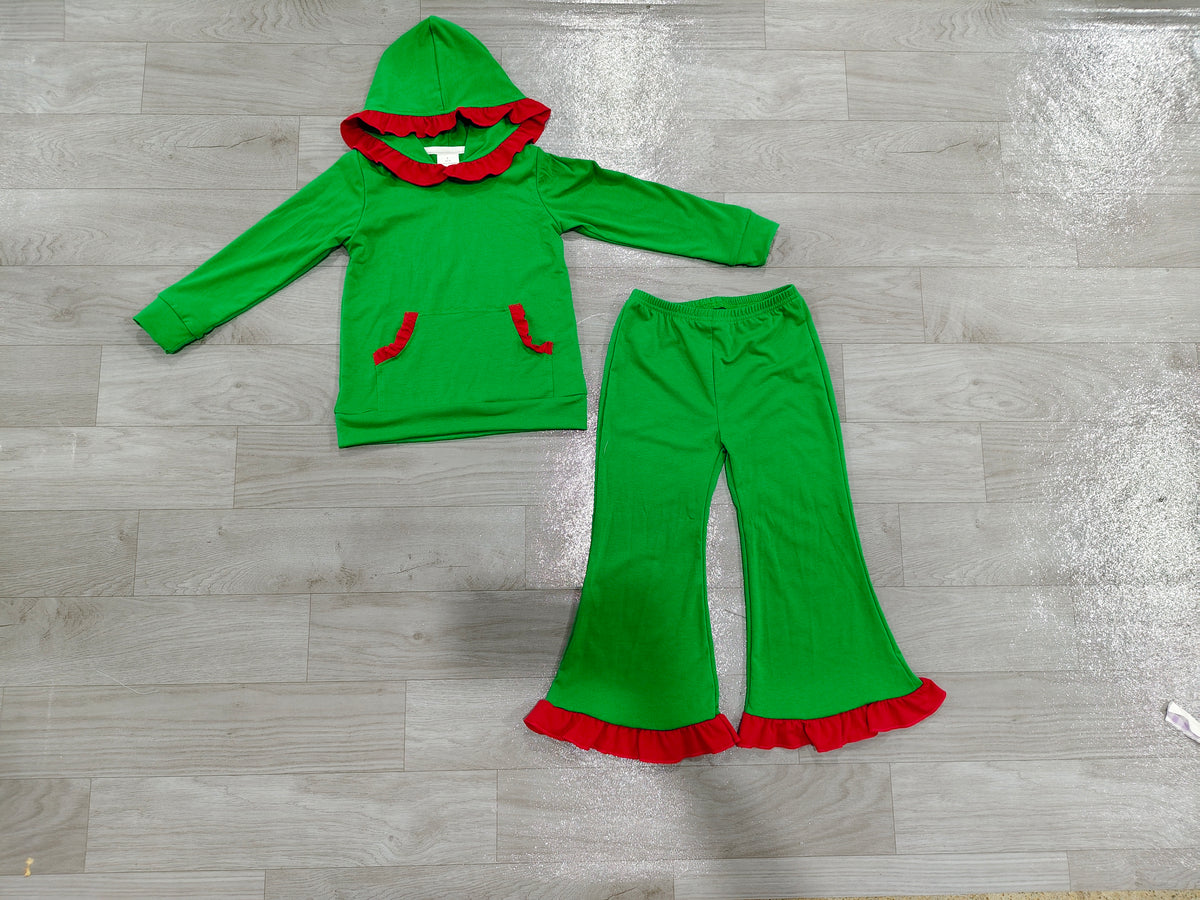 Red ruffle hoodie green pocket girls Christmas outfits