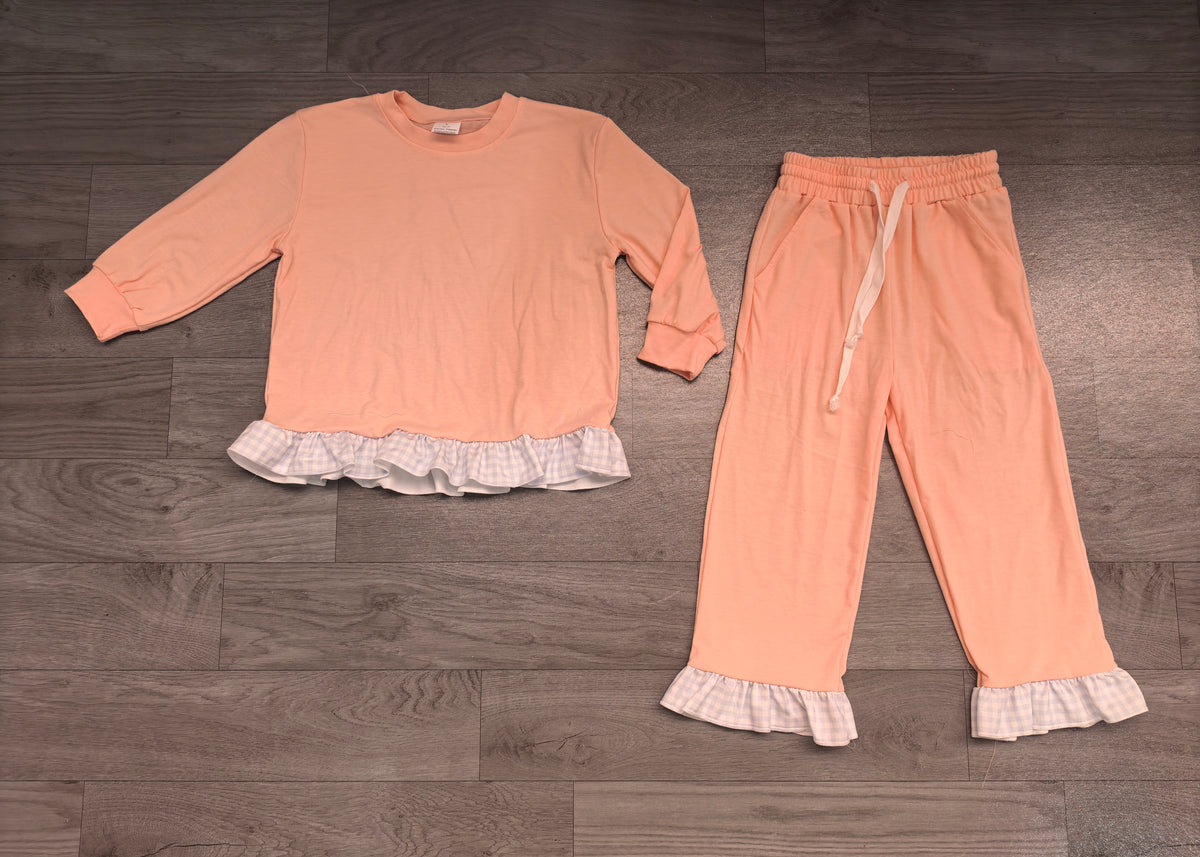 Long sleeves cotton peach plaid ruffle girls outfits