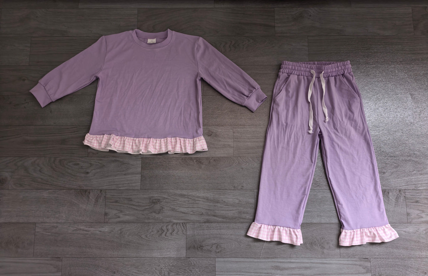 Long sleeves plaid ruffle lavender cotton girls outfits