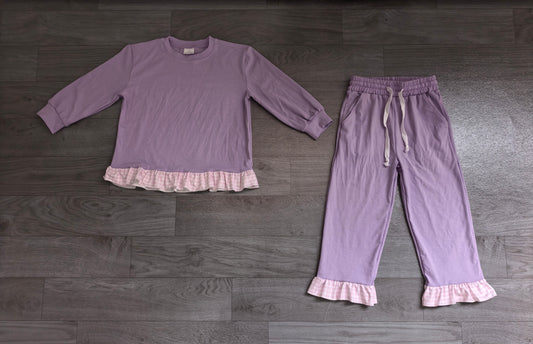 Long sleeves plaid ruffle lavender cotton girls outfits