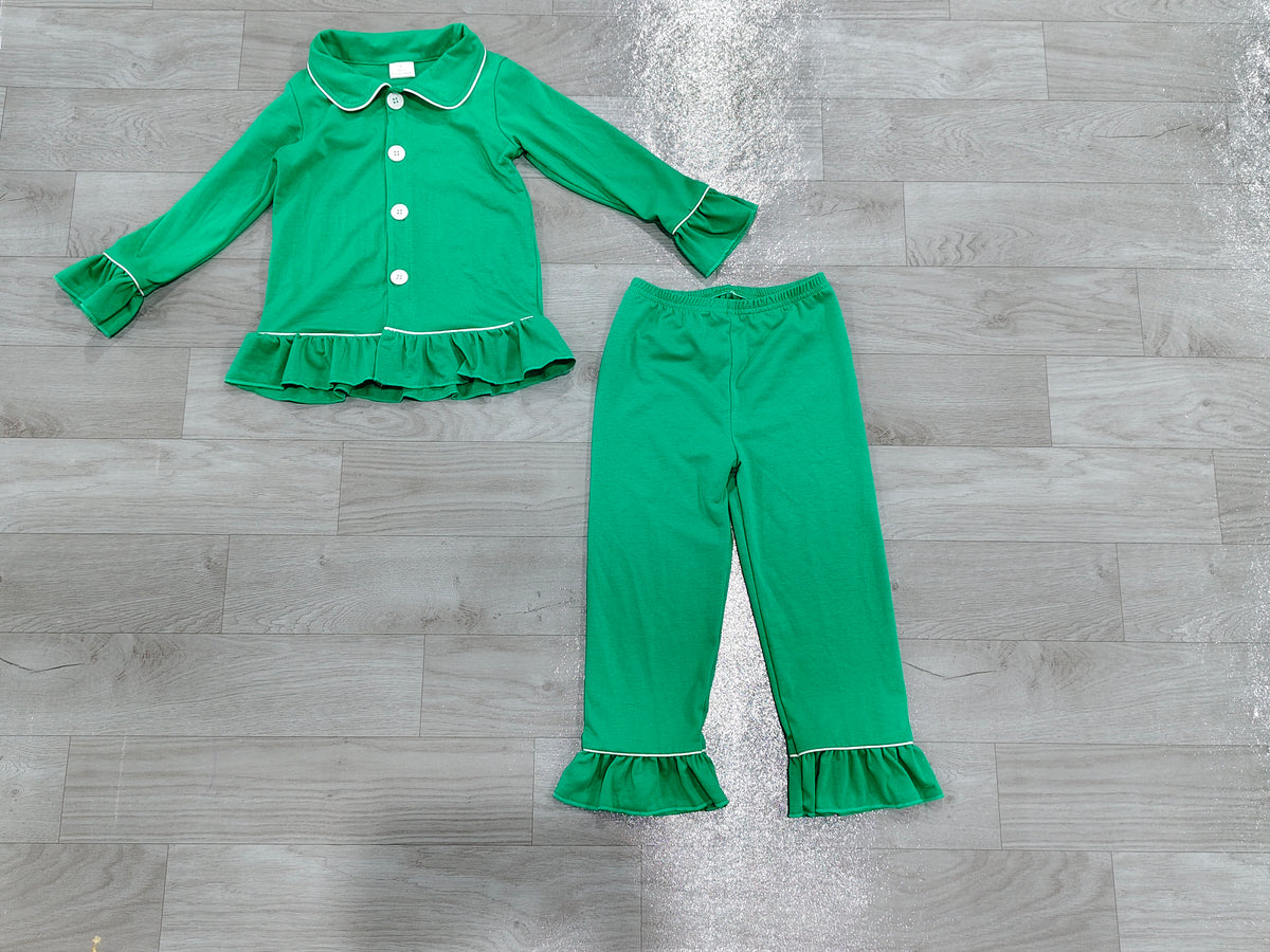 Green cotton girls Christmas button down pajamas