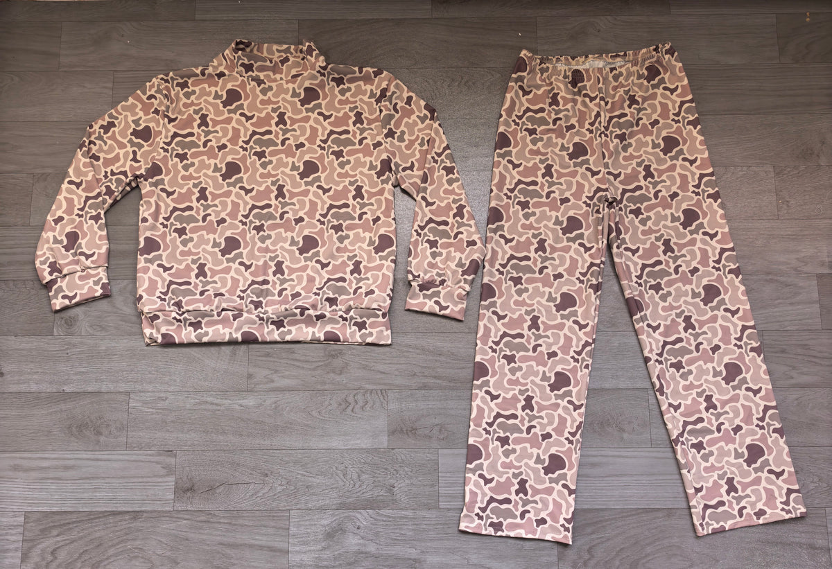 Khaki camo mock neck top pants adult women active outfits