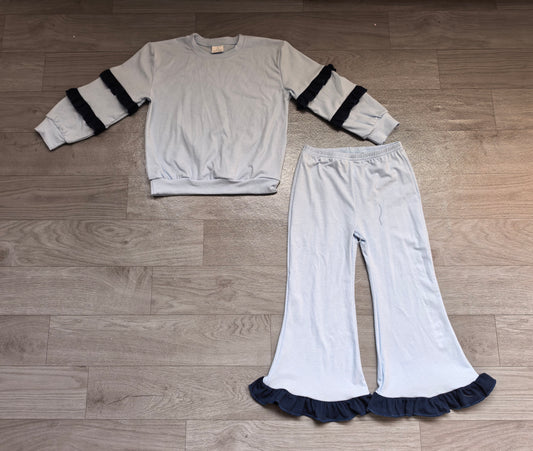 Navy ruffle light blue cotton top pants girls clothing set