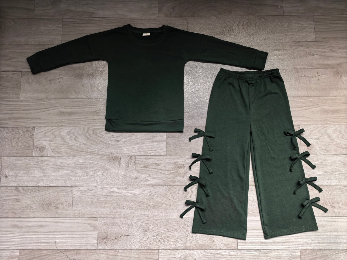 Long sleeves dark green cotton top bow pants kids girls outfits