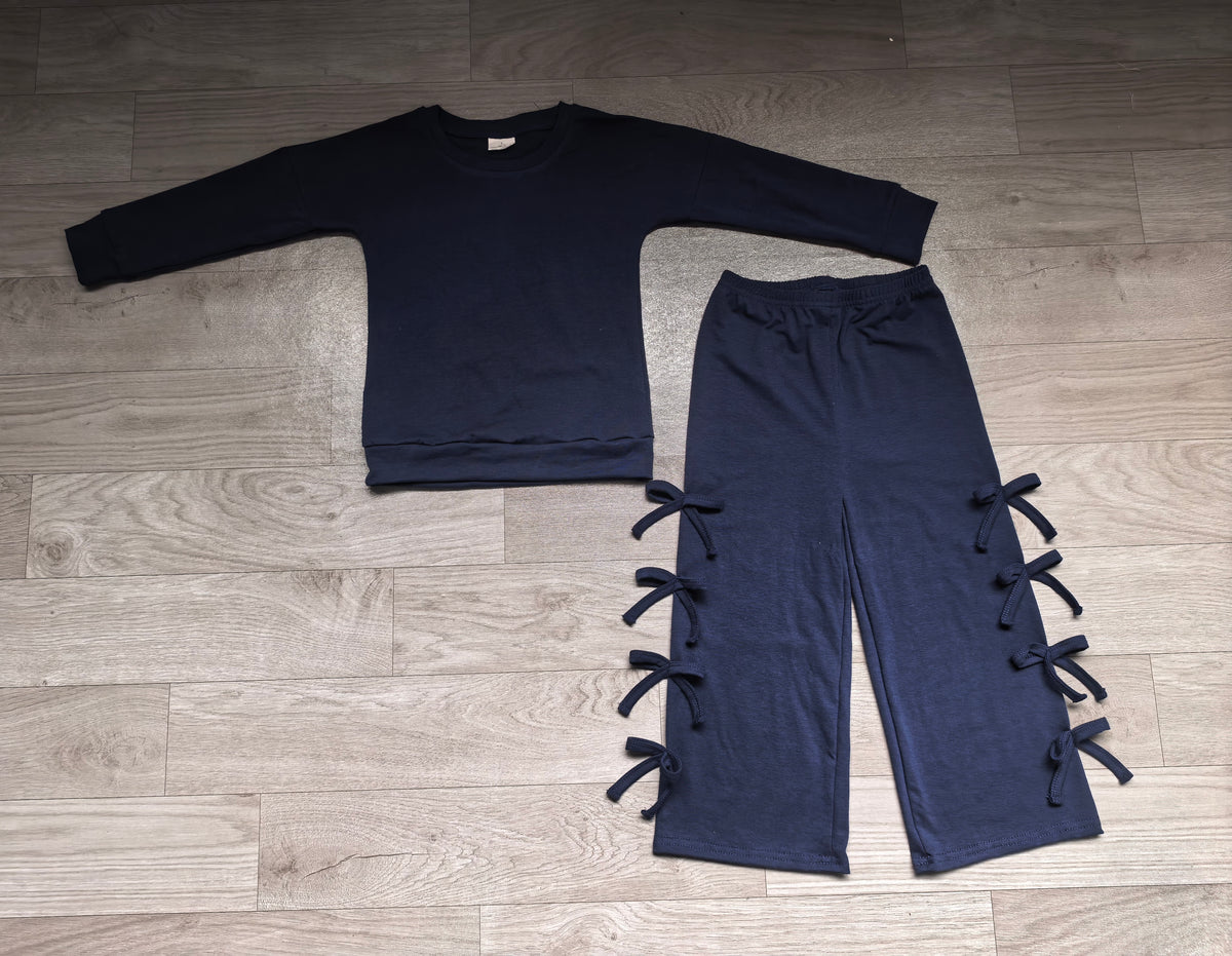 Long sleeves navy cotton top bow pants kids girls outfits