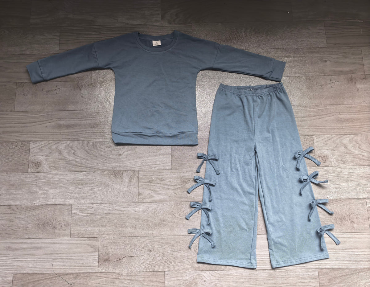 Long sleeves light blue cotton top bow pants kids girls outfits