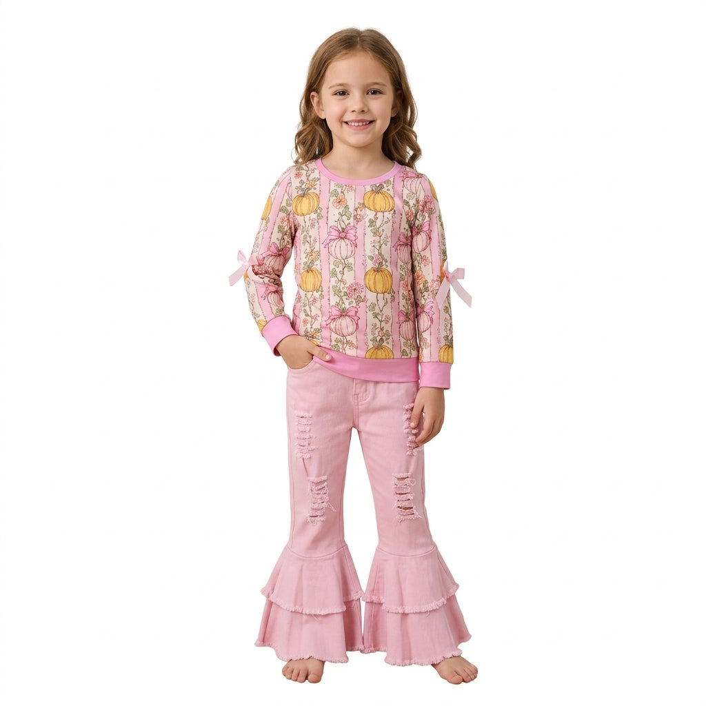 Pink bow pumpkin top denim pants girls fall clothes