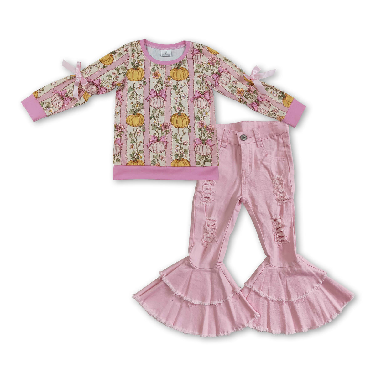 Pink bow pumpkin top denim pants girls fall clothes