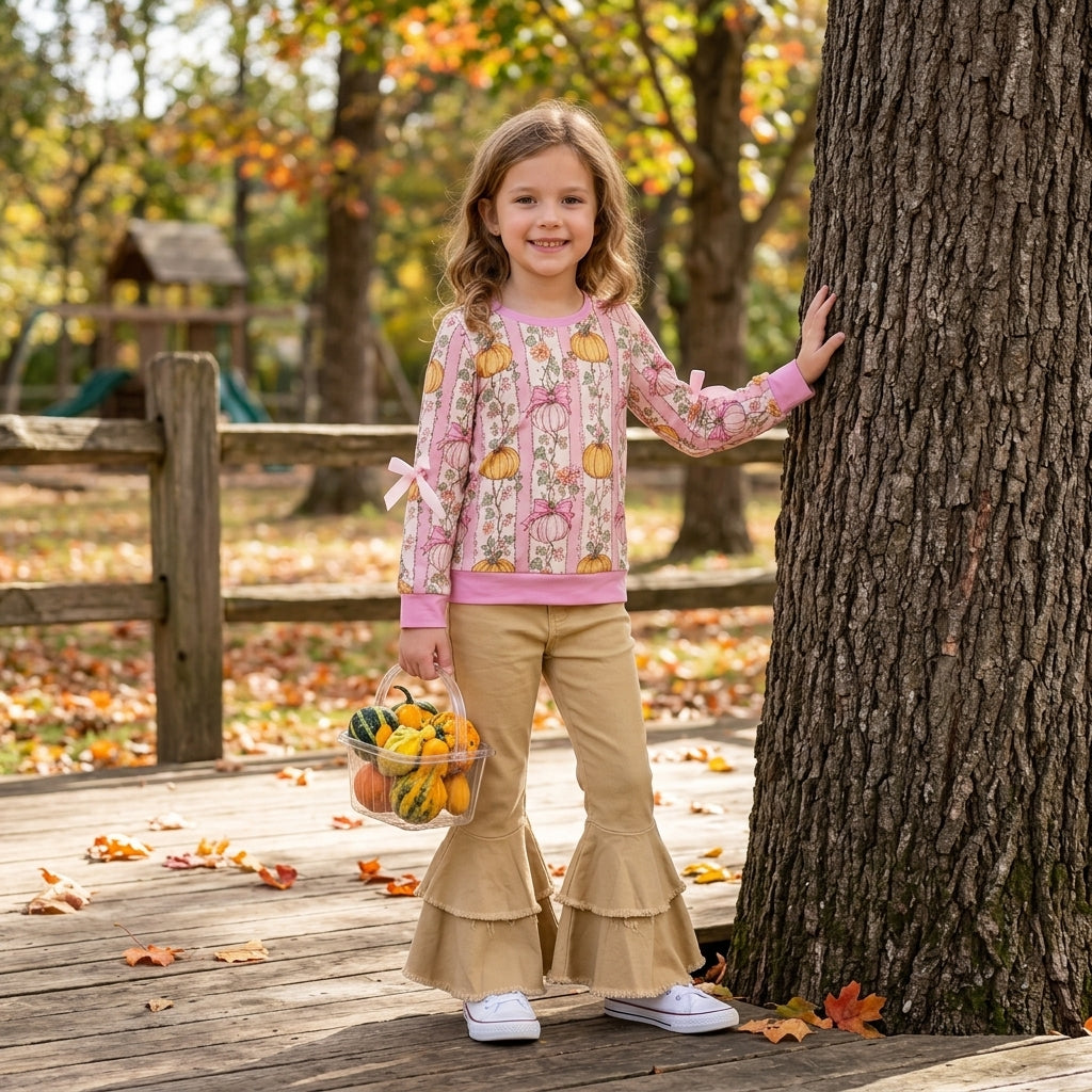 Pink bow pumpkin top ruffle denim pants girls fall clothes