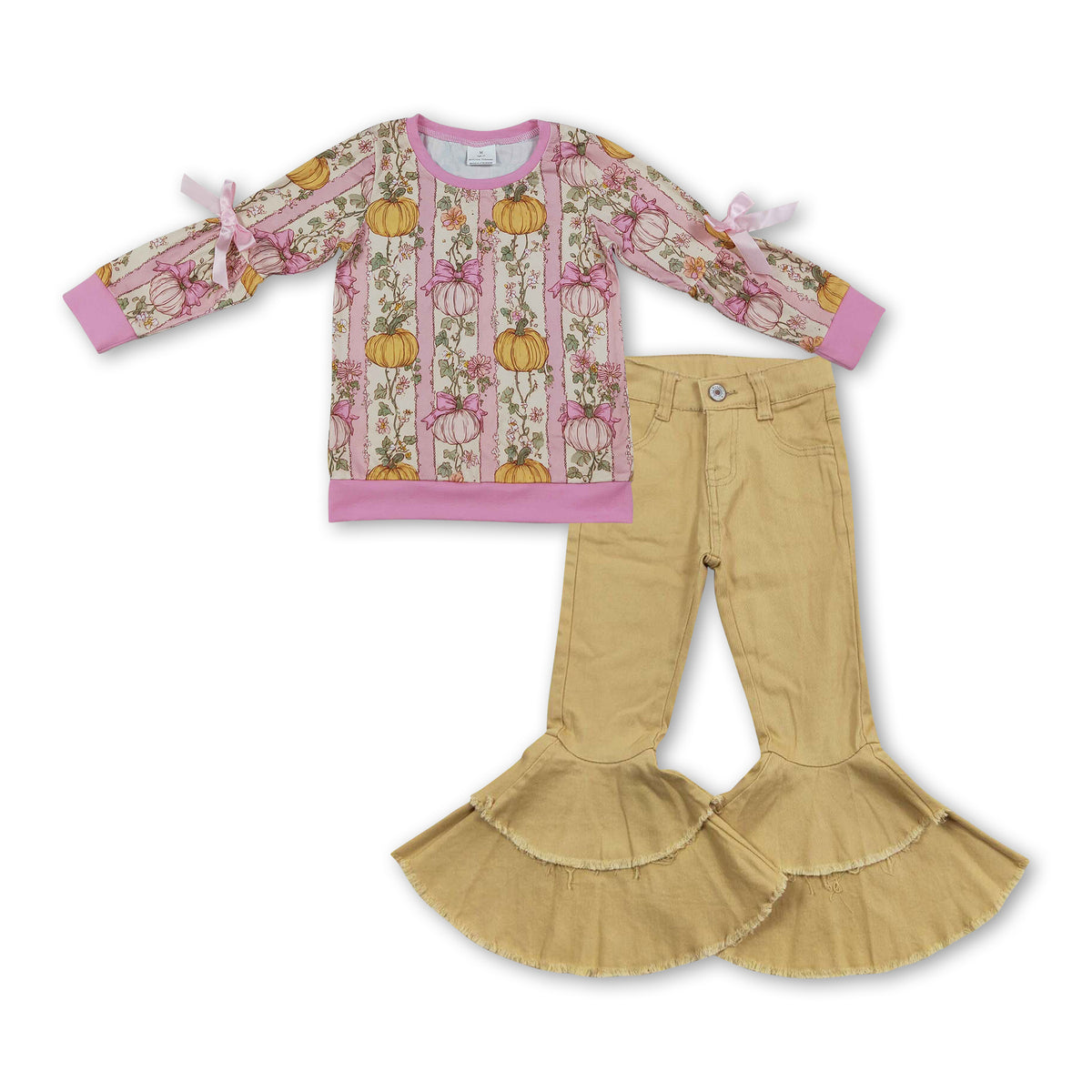 Pink bow pumpkin top ruffle denim pants girls fall clothes