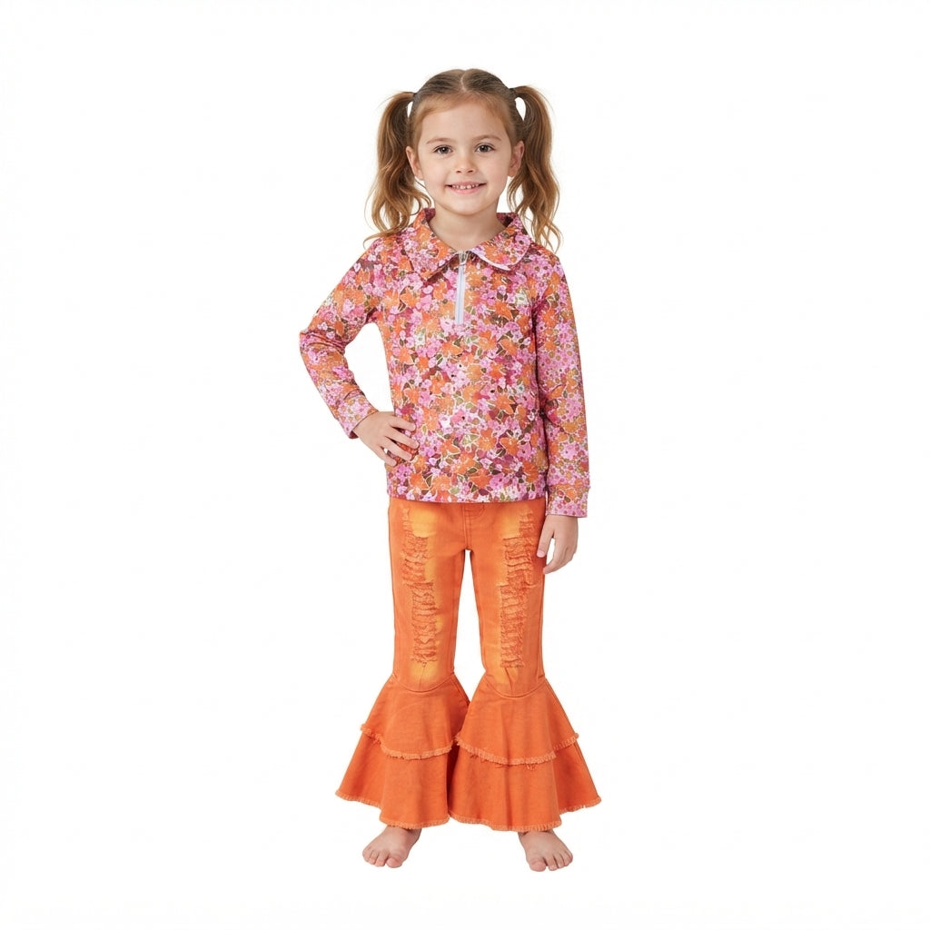 Floral pullover orange jeans kids girls fall clothes
