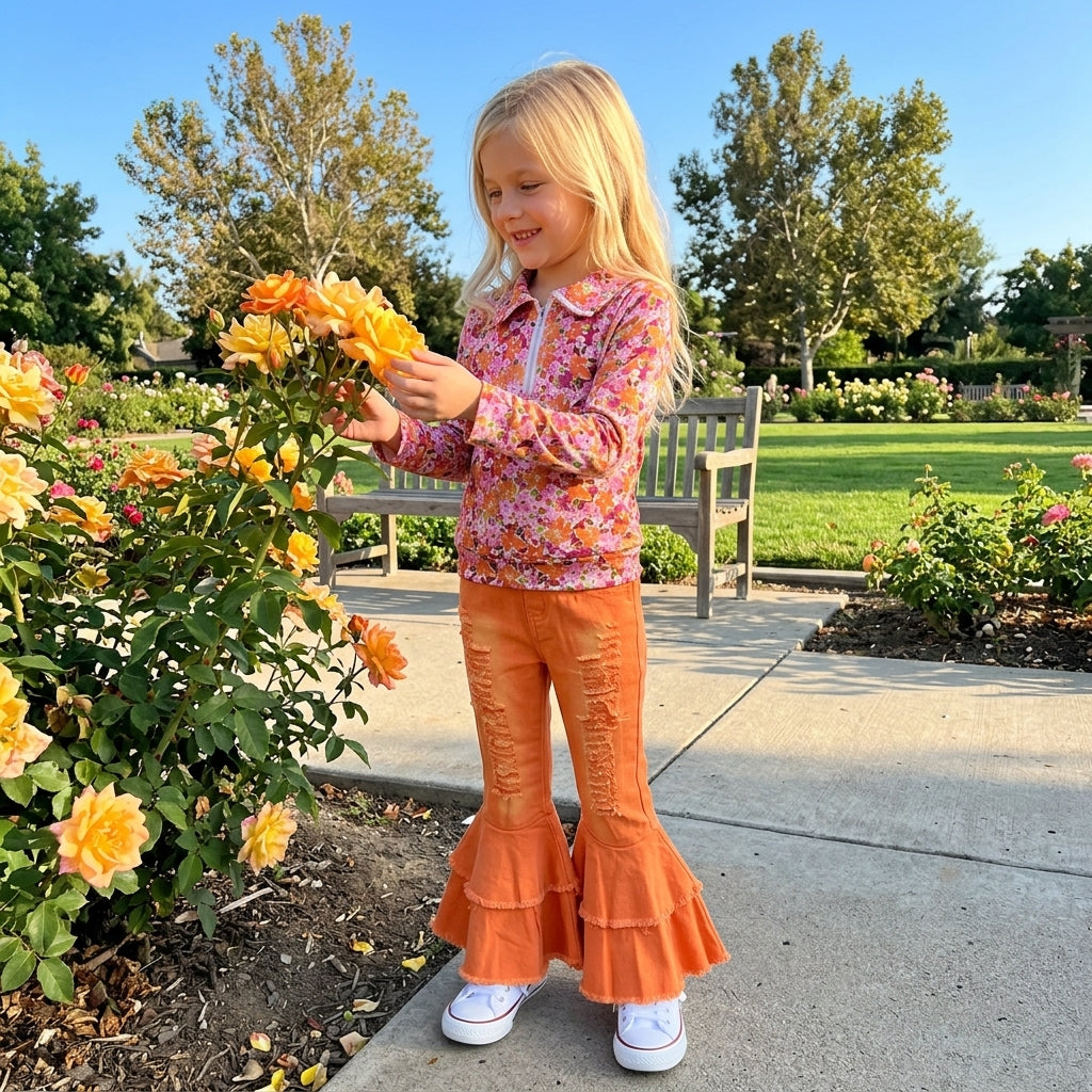 Floral pullover orange jeans kids girls fall clothes