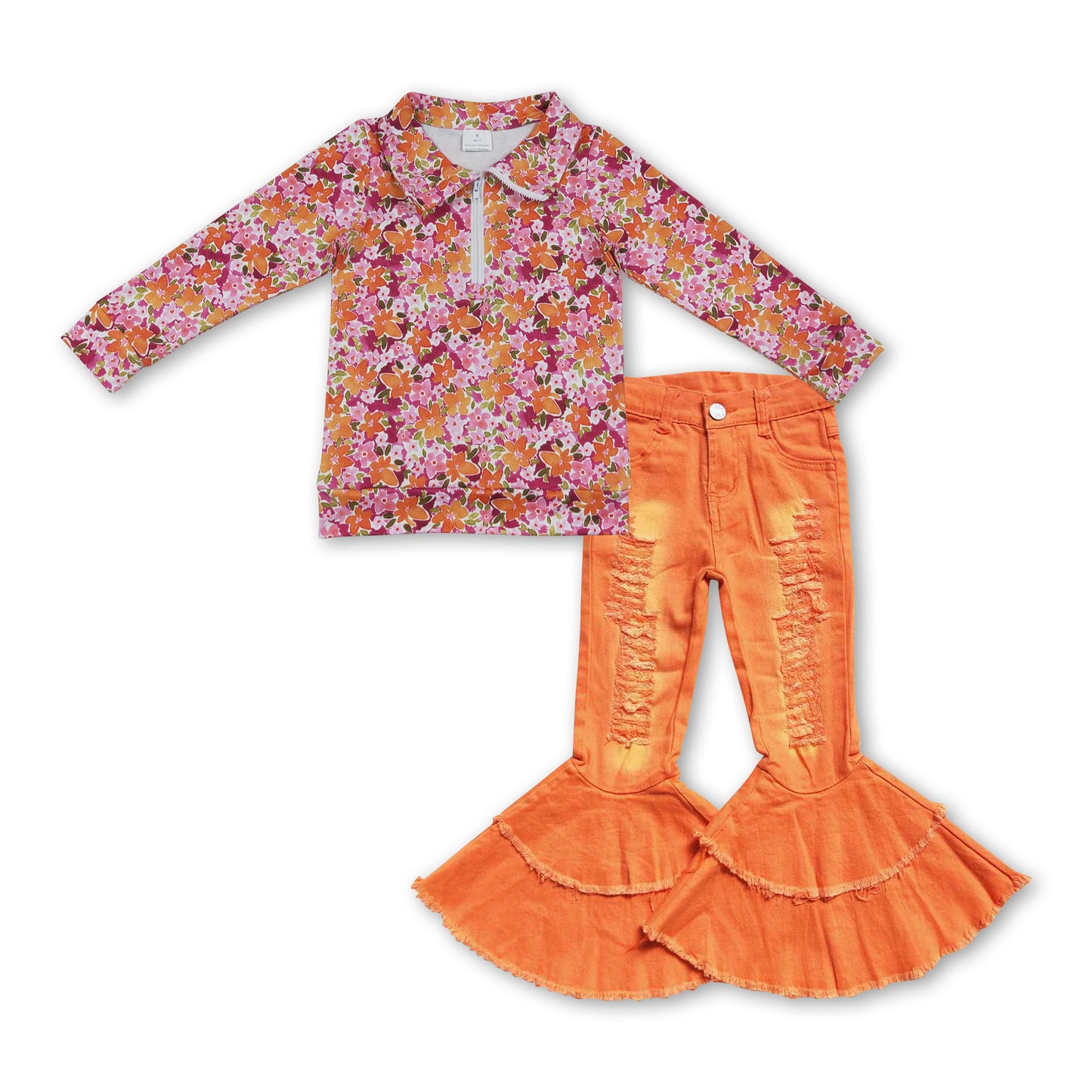 Floral pullover orange jeans kids girls fall clothes