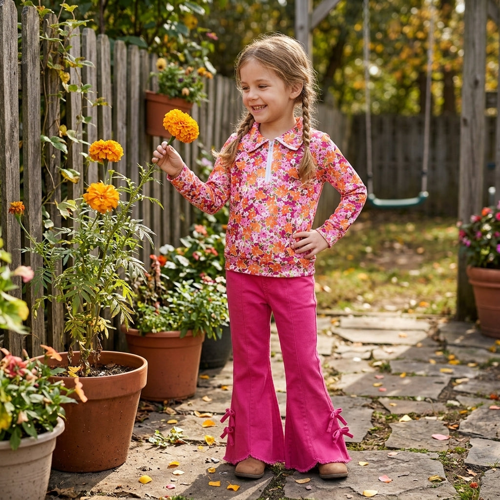 Floral pullover hot pink jeans kids girls fall clothes