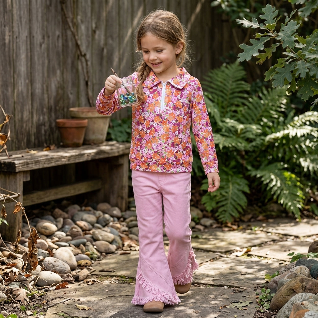 Floral pullover pink jeans kids girls fall clothes