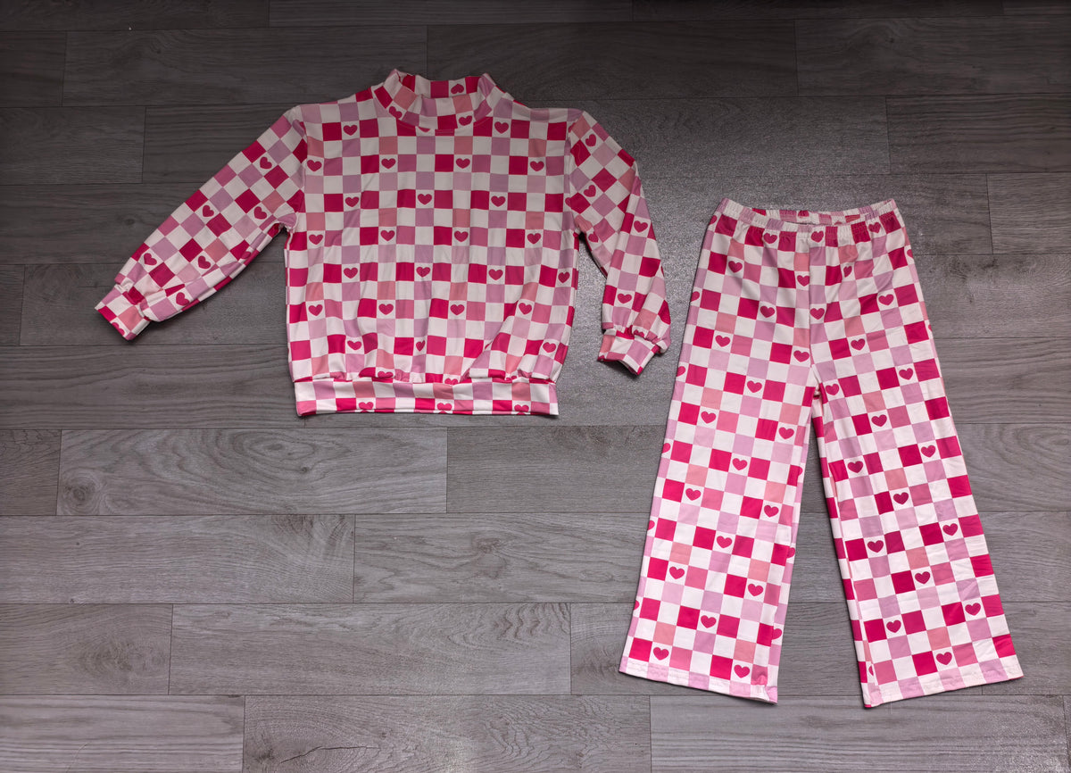 Pink heart plaid mock neck top pants girls Valentine's set