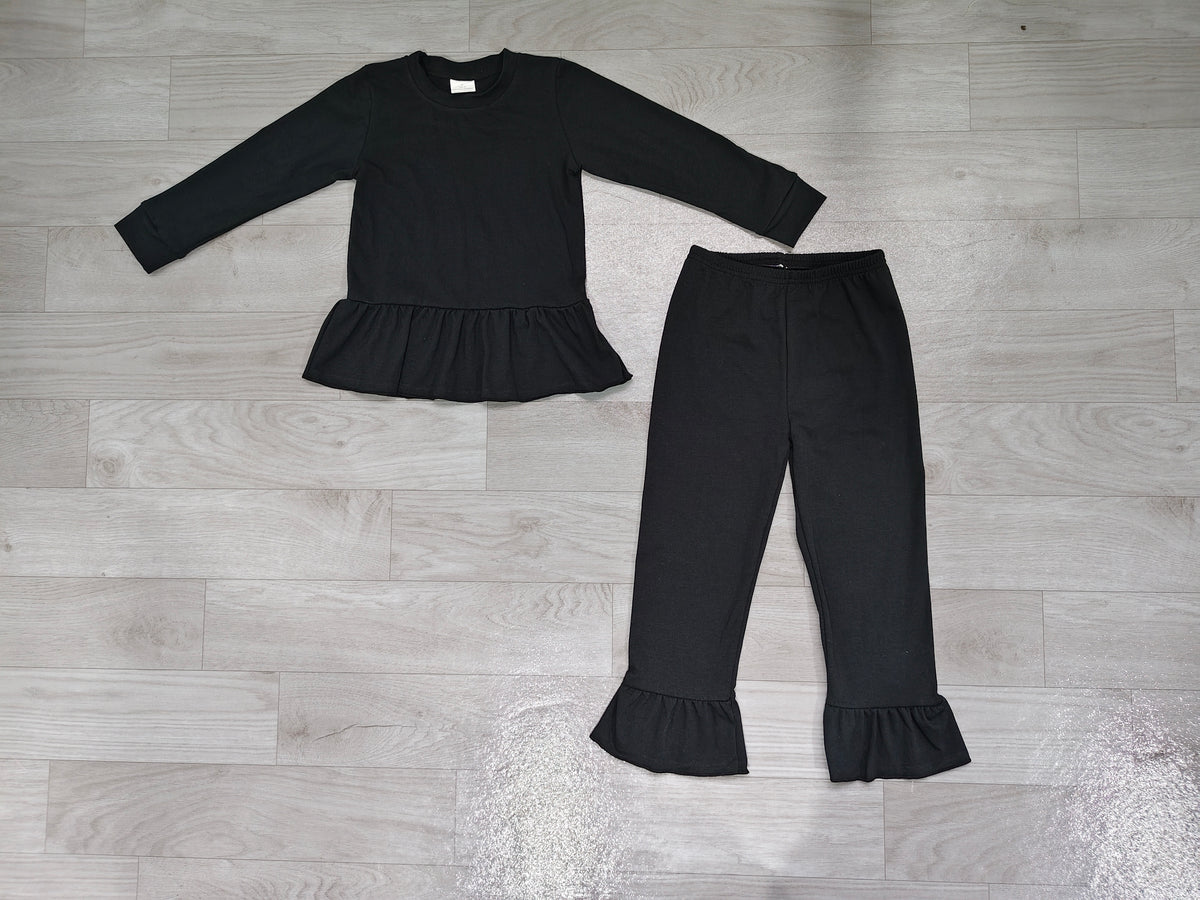 Long sleeves black peplum top ruffle pants girls outfits