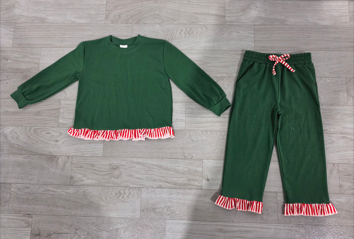 Long sleeves red stripe green top pants girls Christmas outfit