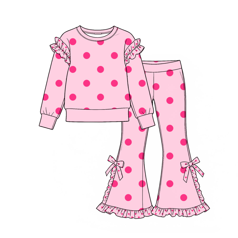 Long sleeves ruffle pink polka dots top pants girls outfits