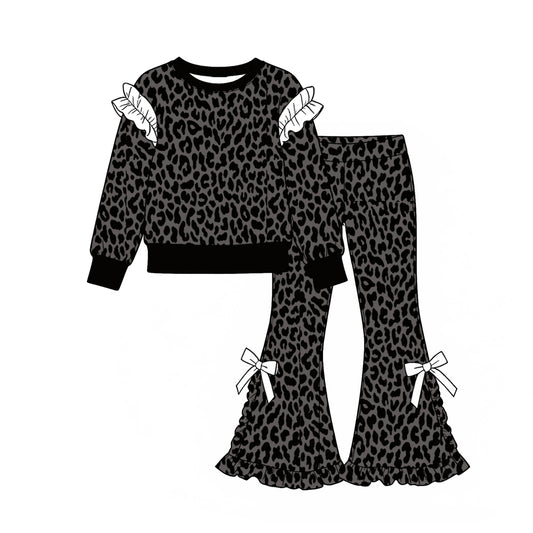 Long sleeves ruffle pink black leopard top pants girls outfits