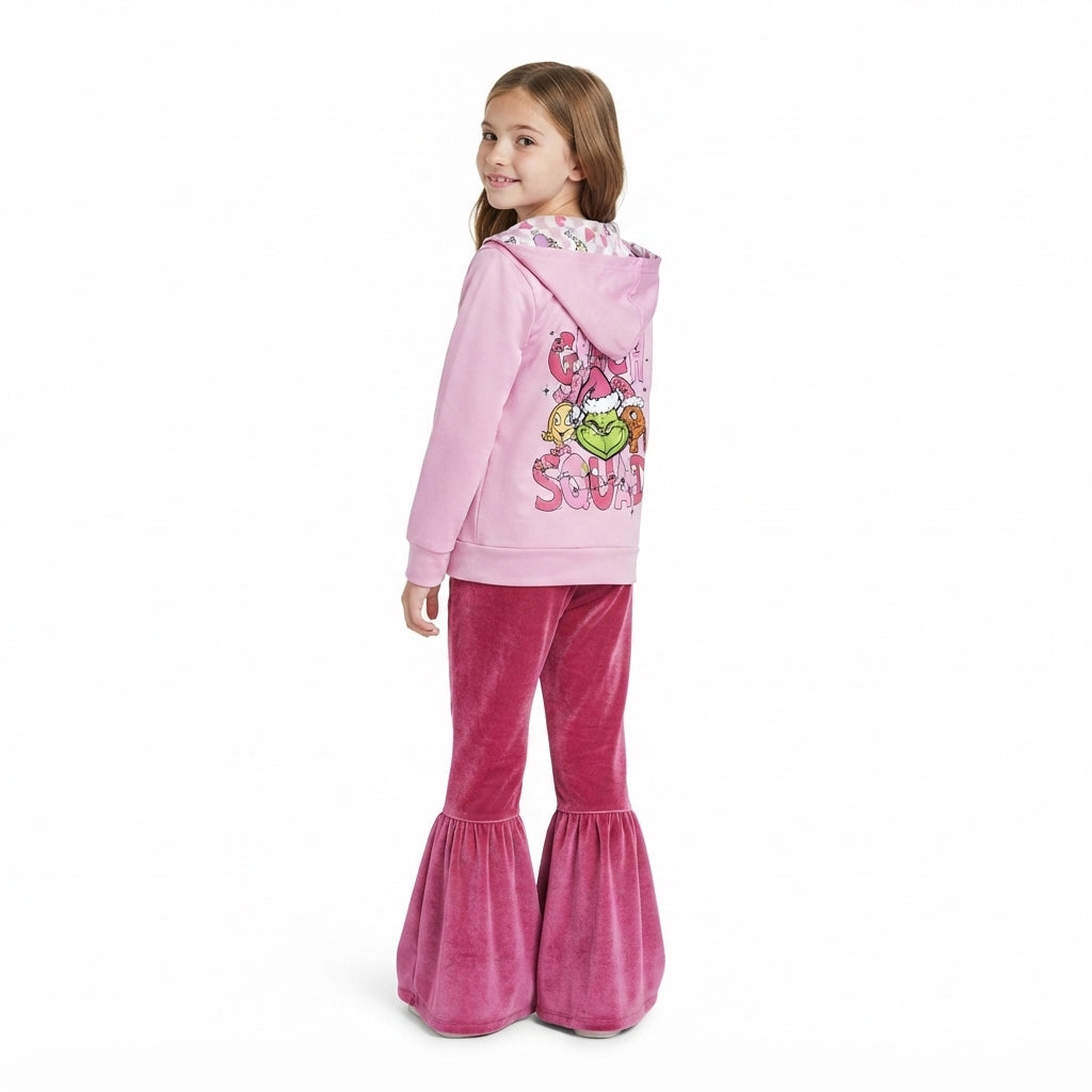 Pink green face hooded jacket velvet pants girls Christmas outfits
