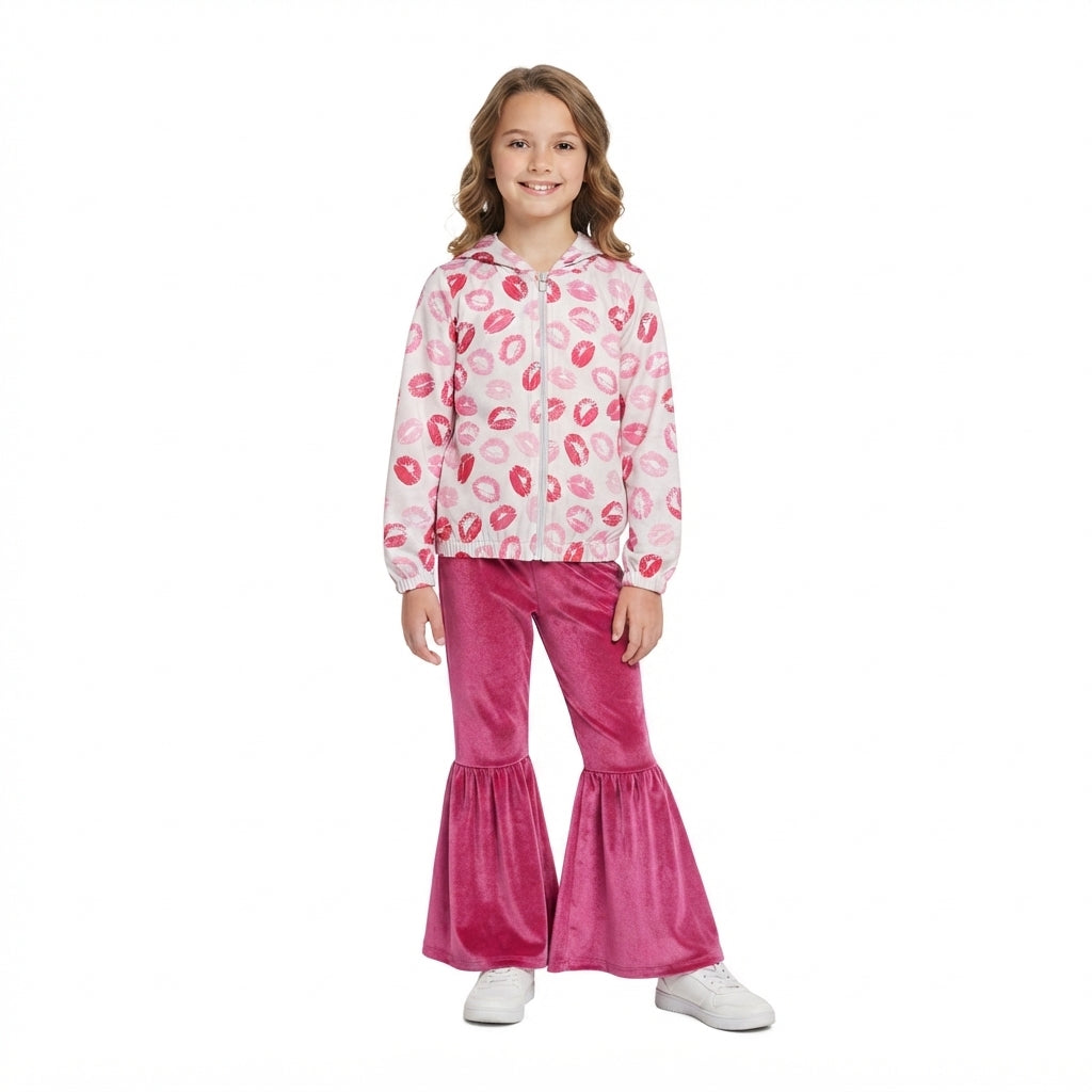 Lips hooded jacket velvet pants girls valentine's outfits