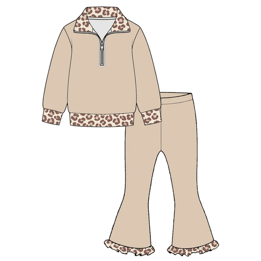 Khaki leopard zipper pullover pants girls outfits
