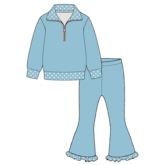 Blue polka dots zipper pullover pants girls outfits