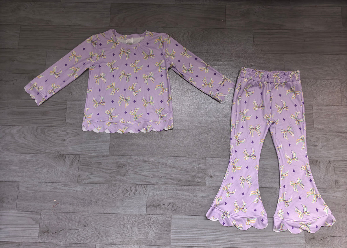 Long sleeves lavender bow scallop girls Mardi Gras outfits