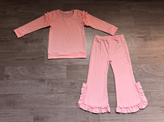 Pink cotton ruffle top pants kids girls clothing set