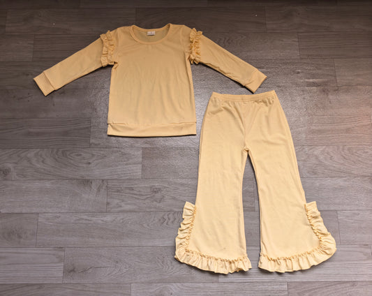 Light yellow cotton ruffle top pants kids girls clothing set