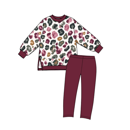 Maroon leopard mock neck tunic leggings girls active wear set