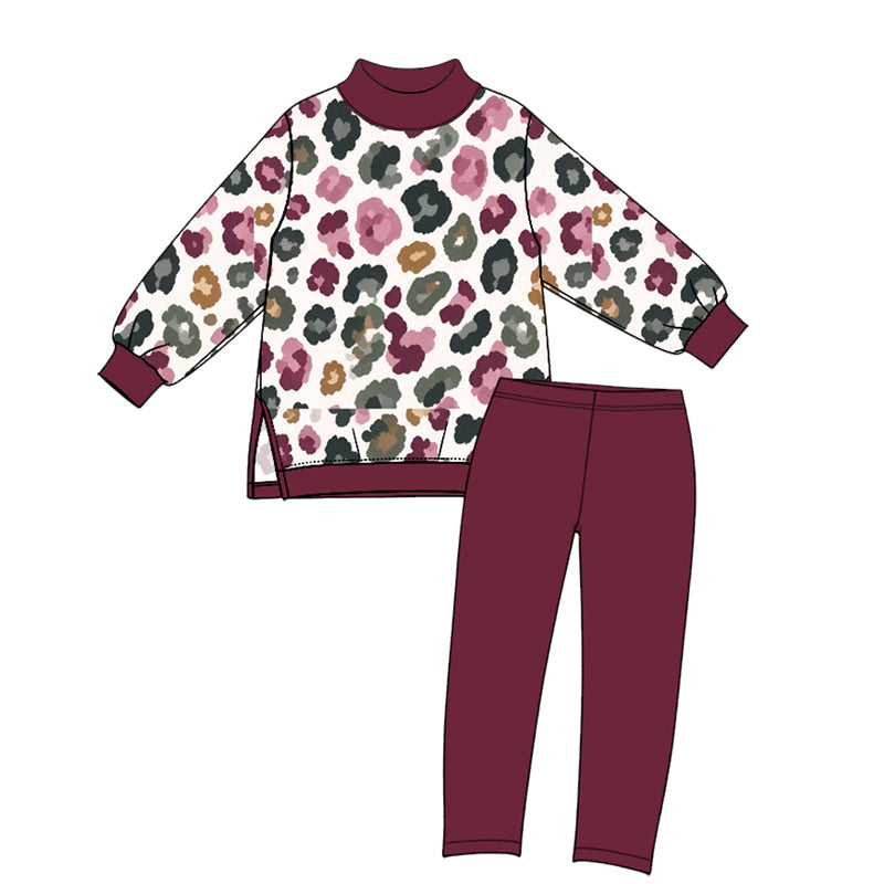 Maroon leopard mock neck tunic leggings girls active wear set