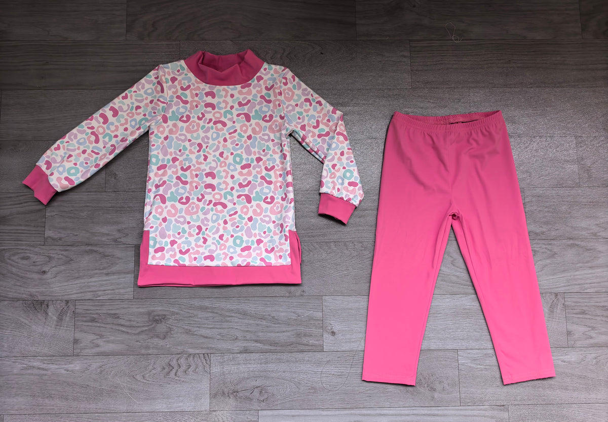 Dark pink leopard mock neck tunic leggings girls active wear set