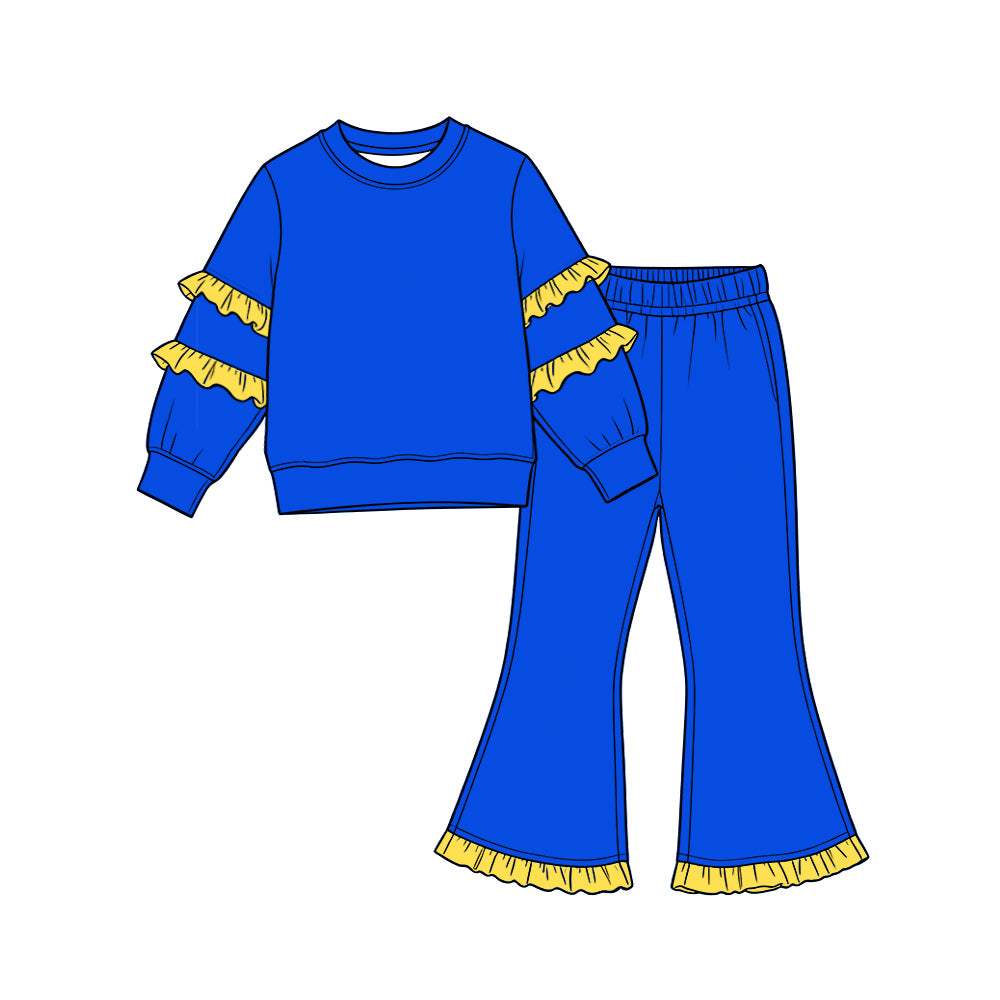 Blue cotton yellow ruffle top flare pants girls outfits