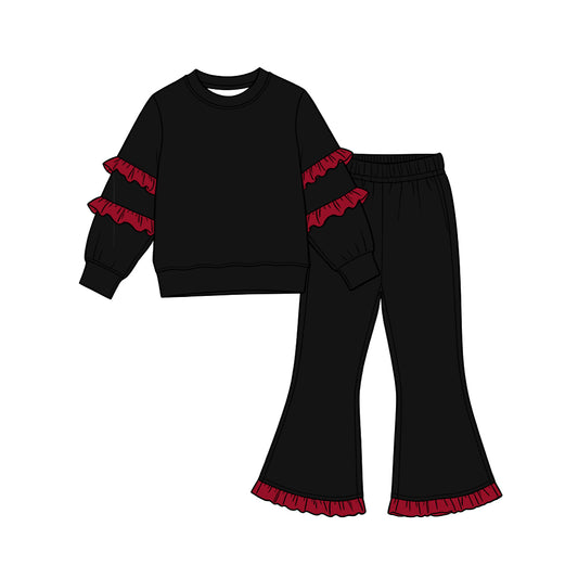 Black cotton dark red ruffle top flare pants girls outfits