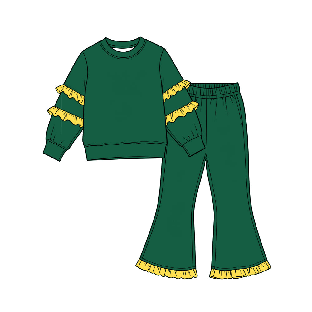 Green cotton yellow ruffle top flare pants girls outfits