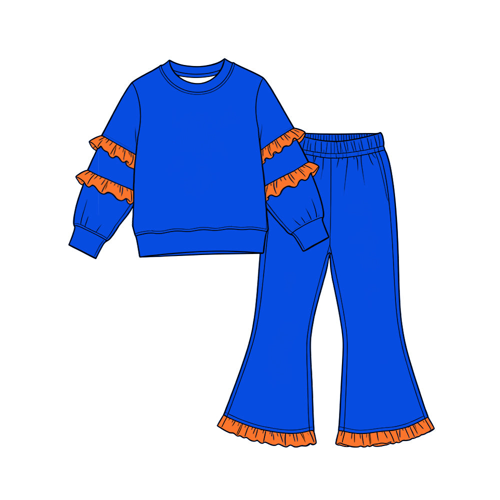 Blue cotton orange ruffle top flare pants girls outfits
