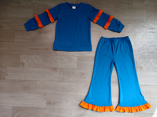 Blue cotton orange ruffle top flare pants girls outfits