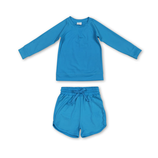 Long sleeves blue top shorts kids girls yoga clothes